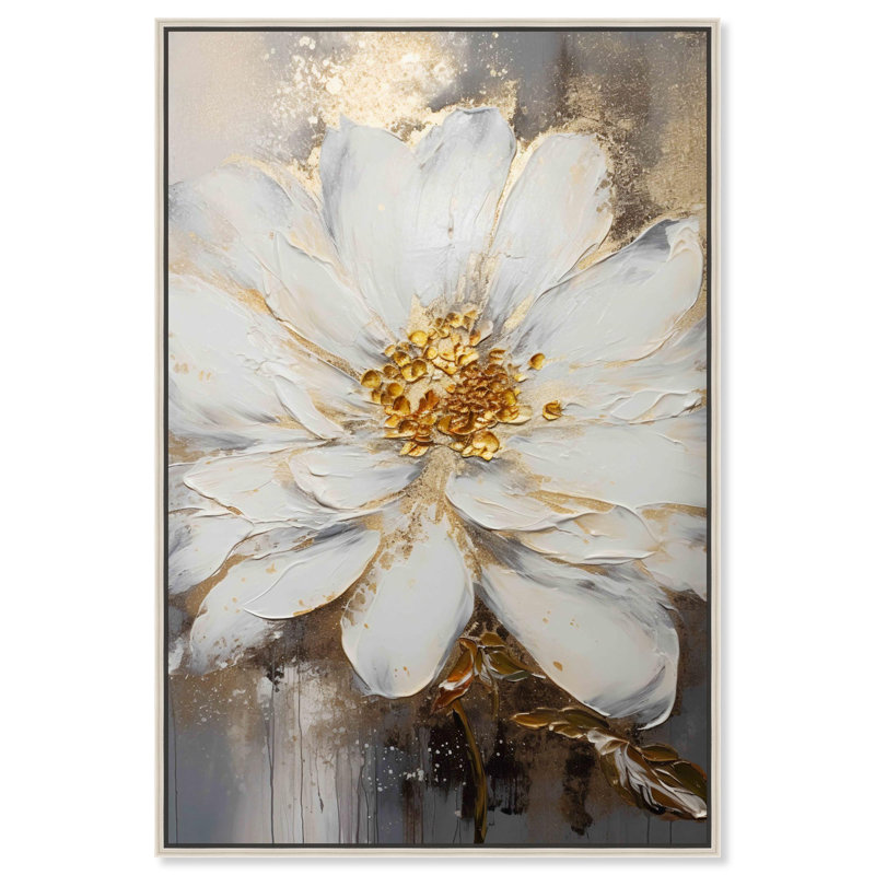 Art floral sur toile Vase doré, Cadre argenté, H 16 po x l 11 po