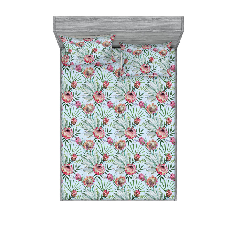 Ambesonne Fitted Sheet & Shams, King Sheet Set with 2 Pillowcases, Soft Blue/Green/Pink Flower