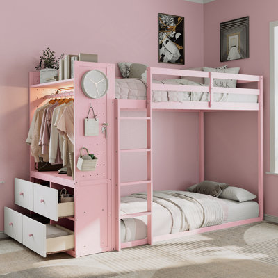 Twin Size Bunk Bed With 4 Storage Drawers, Hanging Rail, Light Strip And Built-In Shelves & Dual Pegboards, 3 Colors Available,Black