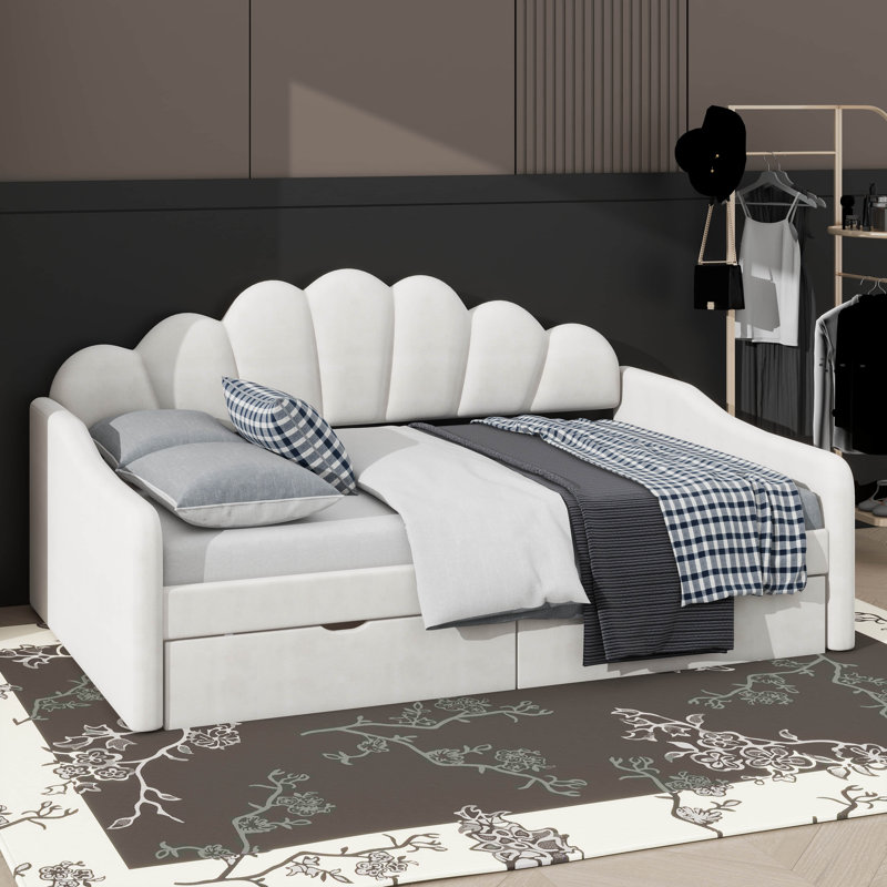 Full-Scale Modern Fabric-Draped Platform Bed Frame With Curved Headboard & Integrated Storage Drawers, Beige