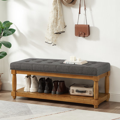 Banc rembourré en lin avec tablette de rangement - Banc repose-pieds capitonné pour le vestibule de la chambre à coucher, pieds décoratifs en bois massif, granit