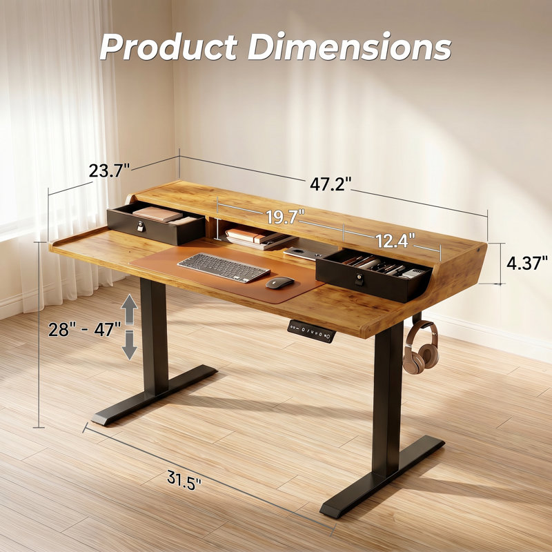 Momoyo Adjustable Height Desk with Drawers, Brown/Black