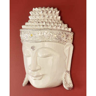 12 po Masque mural en bois serein blanc Tête de Bouddha Statue sculptée à la main Sculpture Figurine faite à la main Cadeau Décoration décorative à la main