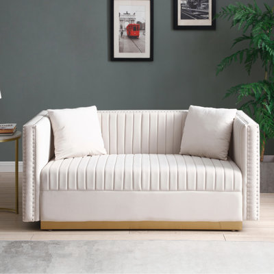 Vertical Channel Tufted Upholstered Sofa Couch For Living Room With 2 Pillows
