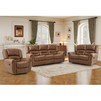 3-Piece Classic And Overstuffed Soft Vegan Leather Manual Reclining Living Room Set