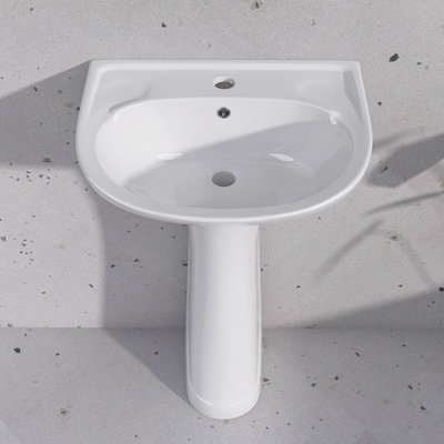 Modern U-Shape White Pedestal Bathroom Sink With Overflow