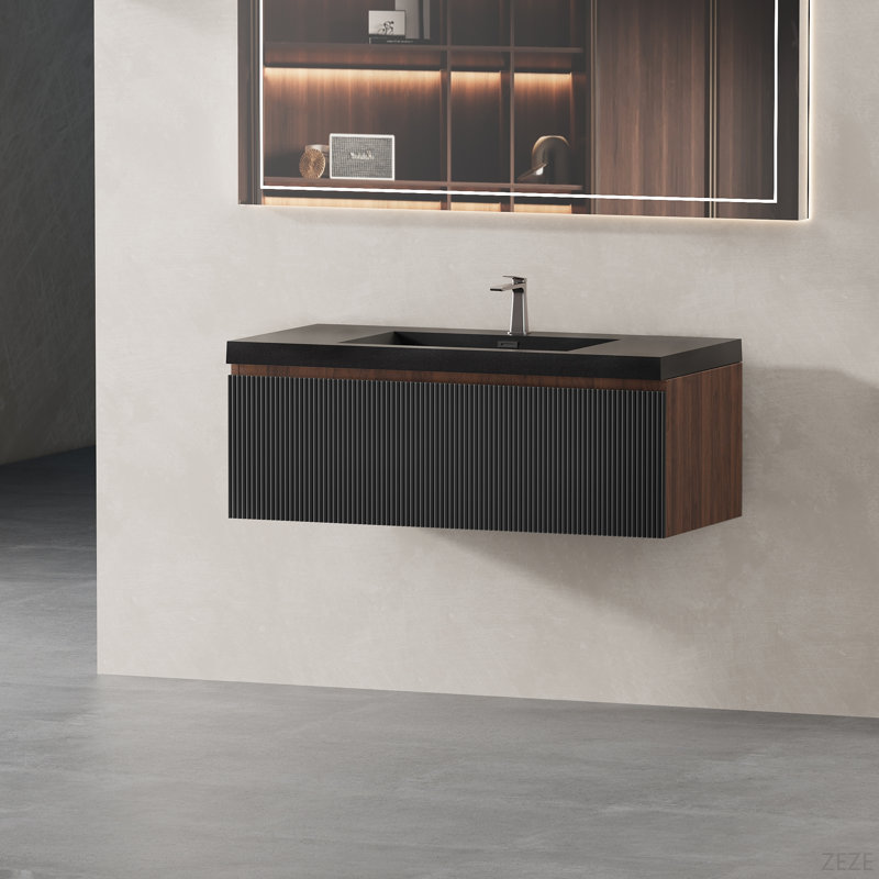 Meuble-lavabo mural 36 po avec lavabo à fixation murale et lavabo à sable à quartz flottant 36 po, Noir, 36"