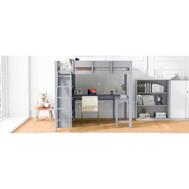 Lit mezzanine double gris avec bureau et tablette, Gris
