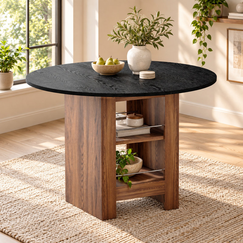 Table de salle à manger ronde moderne de 107 cm (42 po) en bois d'ingénierie noir avec rangement, Noir