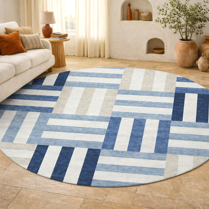 Premium Machine Washable Mayfield AMF2332 Geometric Rug, Navy, 8' Round