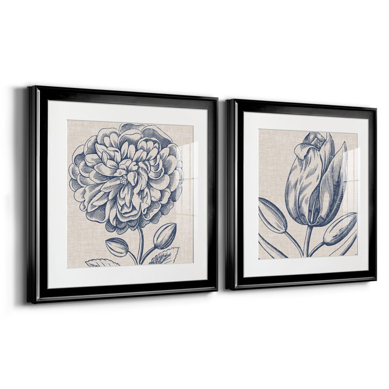 Indigo floral sur lin III - ensemble de 2 impressions d'art encadrées, H 17,5 po x l 35 po, Noir