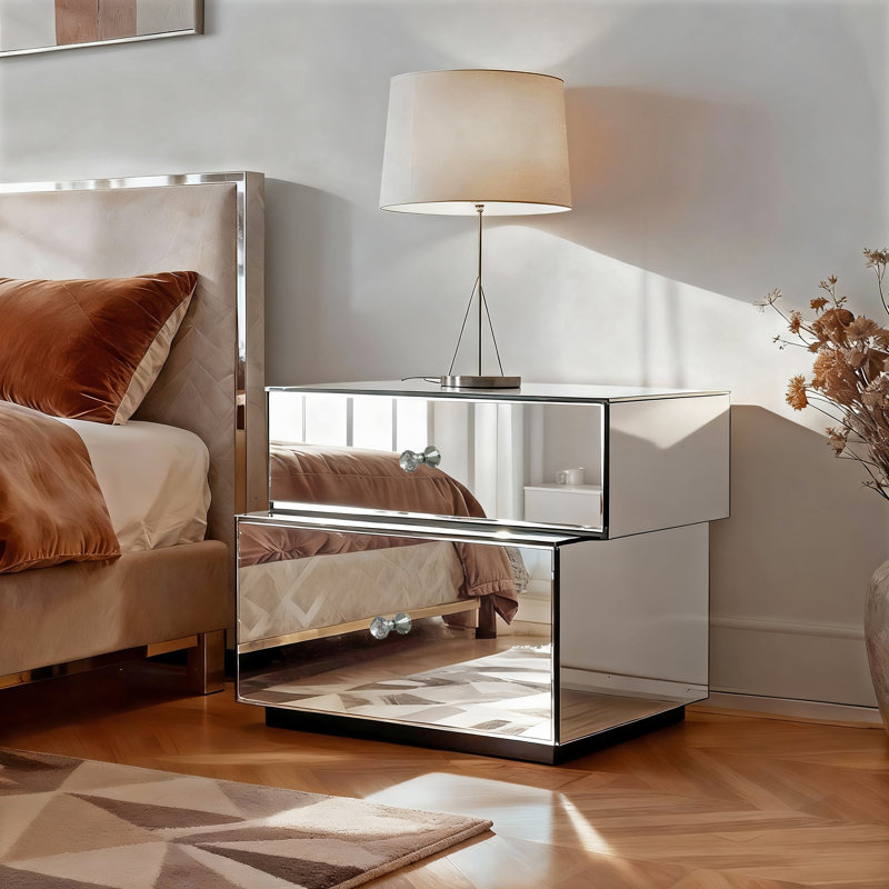 Table de chevet asymétrique Yolanta avec miroir, entièrement assemblée, 2 tiroirs, style glamour contemporain moderne