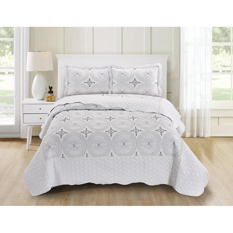 Ensemble de courtepointe réversible en microfibre Margene, Courtepointe pour grand lit + 2 taies décoratives, Gris/blanc