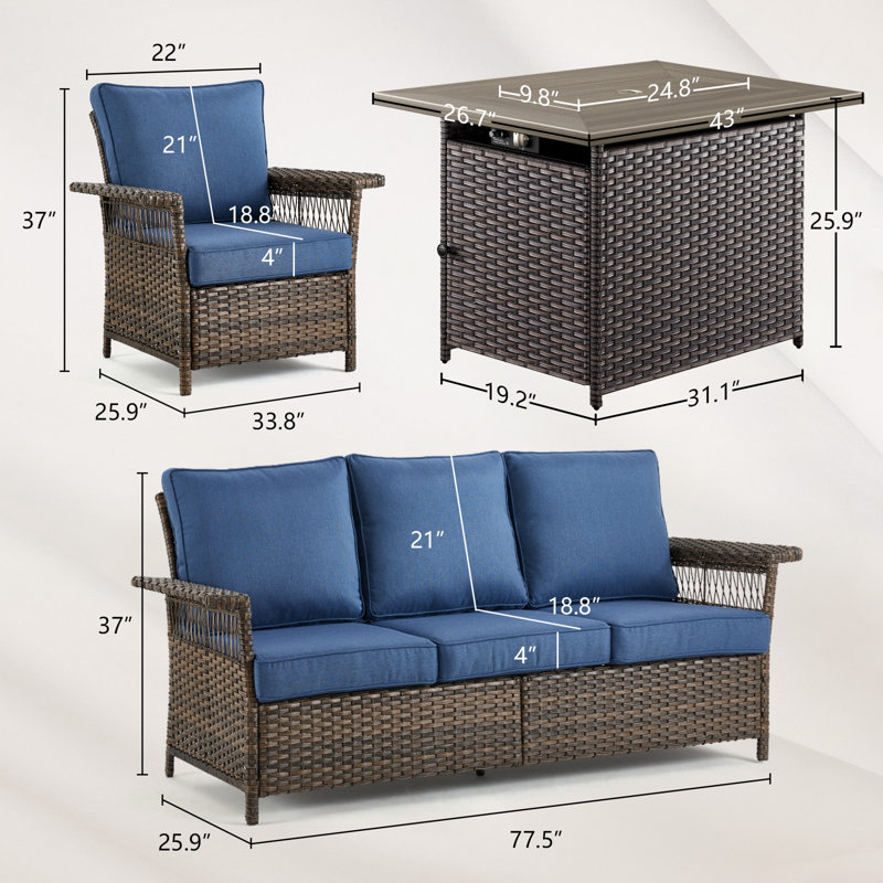 Ensemble de conversation d'extérieur en osier pour 5 personnes avec table de foyer et coussins Anferney, Bleu