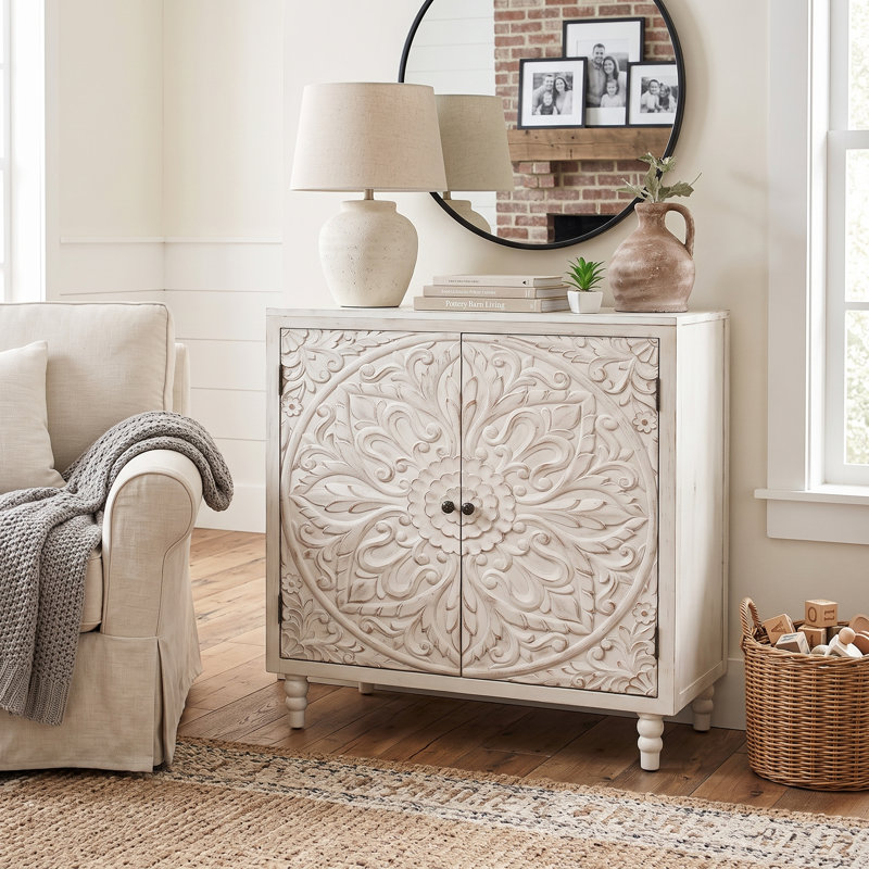 Dusa Hand-Painted 2-Door Accent Cabinet, White Cream, Bronze