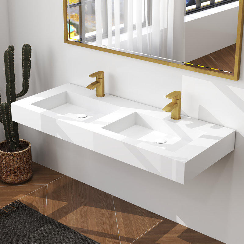 FRALIMK Double Floating Bathroom Wall Mount Sink Solid Surface Rectangle with Faucet Hole