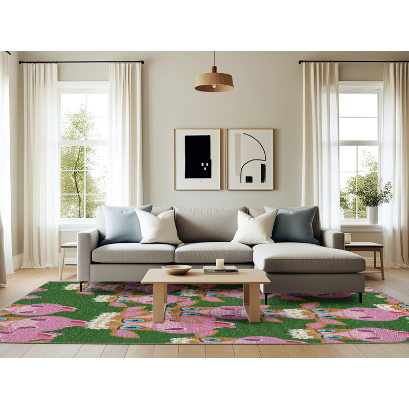 Rose Dahl/Tapis décoratif vert, Rectangle 6 pi x 9 pi