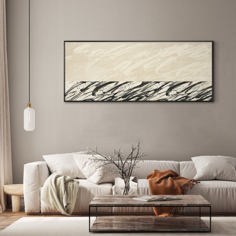 Très grande reproduction d'art moderne abstrait calligraphie moderne - noir et beige d'inspiration script d'inspiration contemporaine, décor neutre pour le salon ou la chambre à coucher, assemblage requis