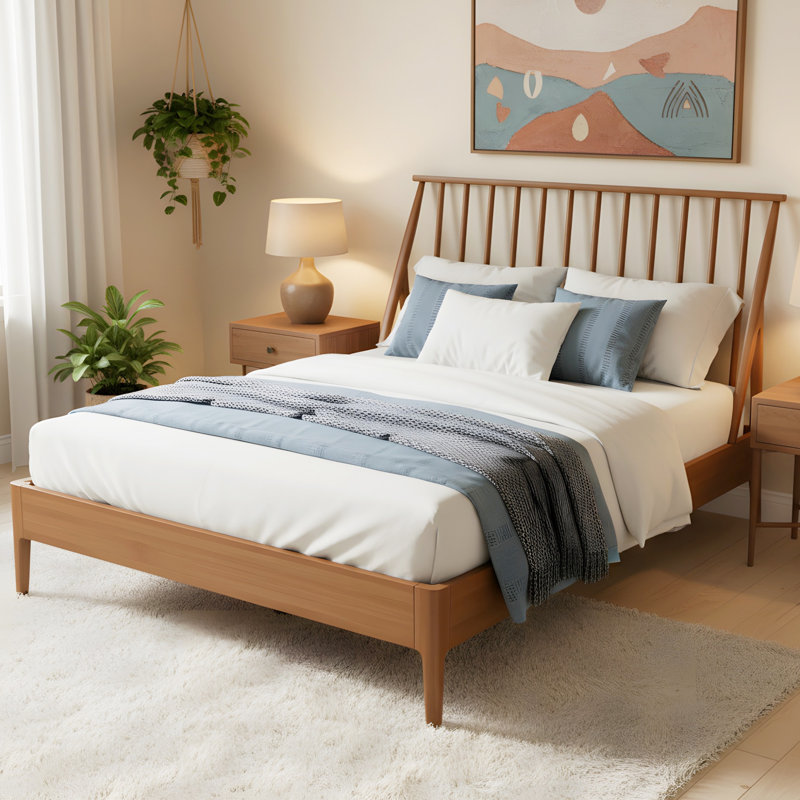 Lit plateforme en bois Mid-Century, Brun, Grand
