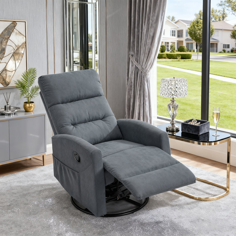 Manual Recliner Chair With Rocker And Swivel In Fabric For Living Room, Dark Gray