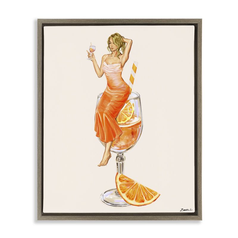 Femme et tranche d'orange cocktail, H 21 po x l 17 po, Cadre flottant orme Montalcino
