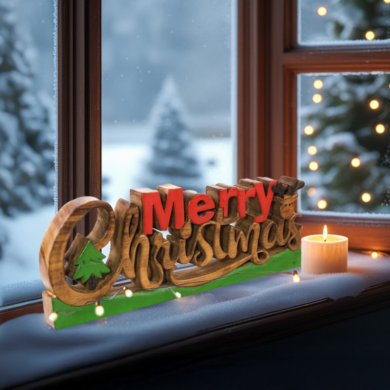 Handmade Wooden Sculpture of Merry Christmas with Fir Tree – Modern Table Christmas Decor & Gift