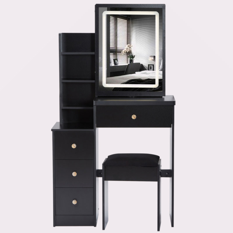 29.2" Small Size Left Bedside Cabinet Vanity Table + Cushioned Stool, Large Sliding, Touch Control, Tri-Color Switching, Brightness Adjust LED Mirror, High Capacity Storage, Suitable For Small Space