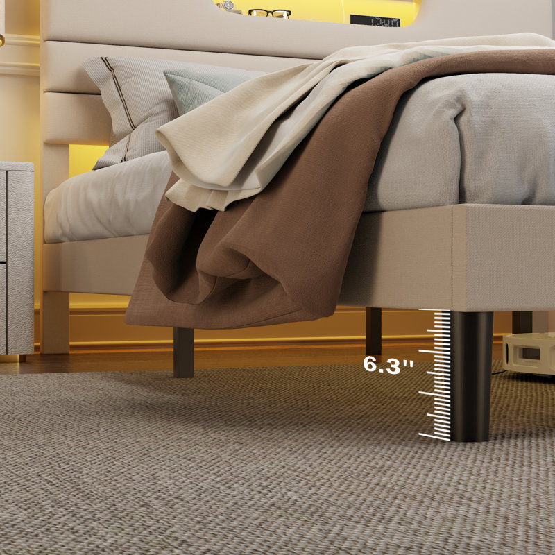 Bed Frame With Charging Station, Led Lights, Upholstered Headboard, Twin, Beige