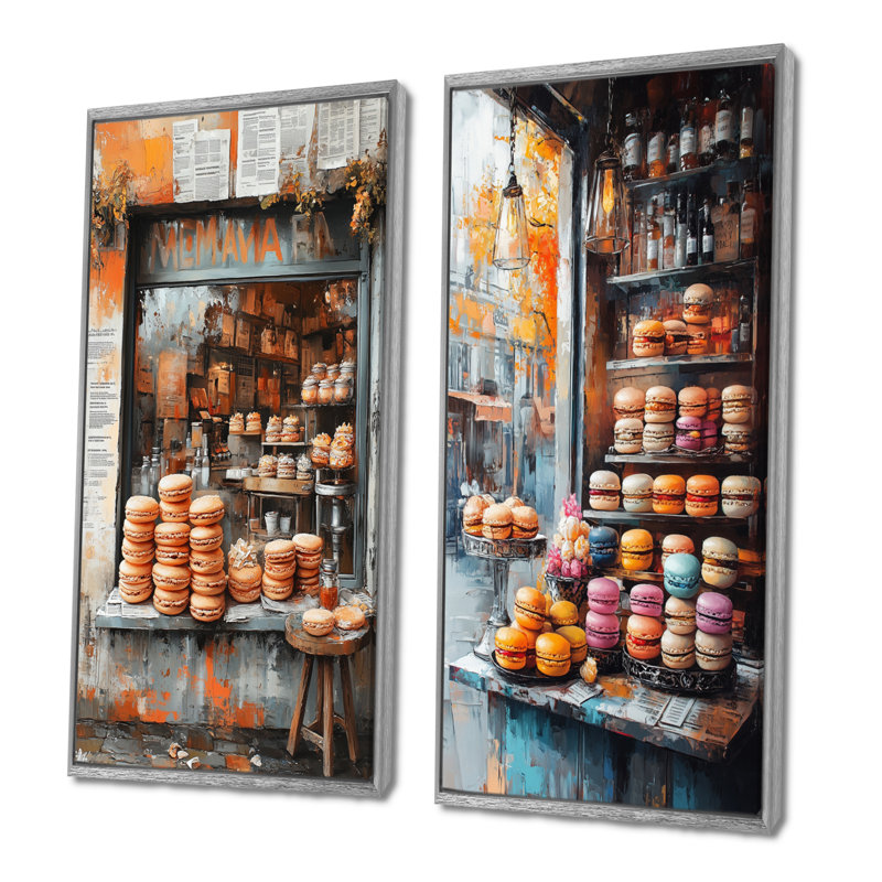 Ensemble de 2 pièces orange et gris Macaron Bar I - Desserts, H 40 po x l 40 po, Impression encadrée, Argent argent
