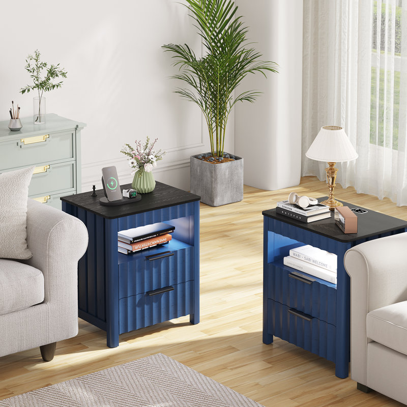 Table de chevet 2 tiroirs l 17,7 po avec lumière DEL (ensemble de 2), Bleu