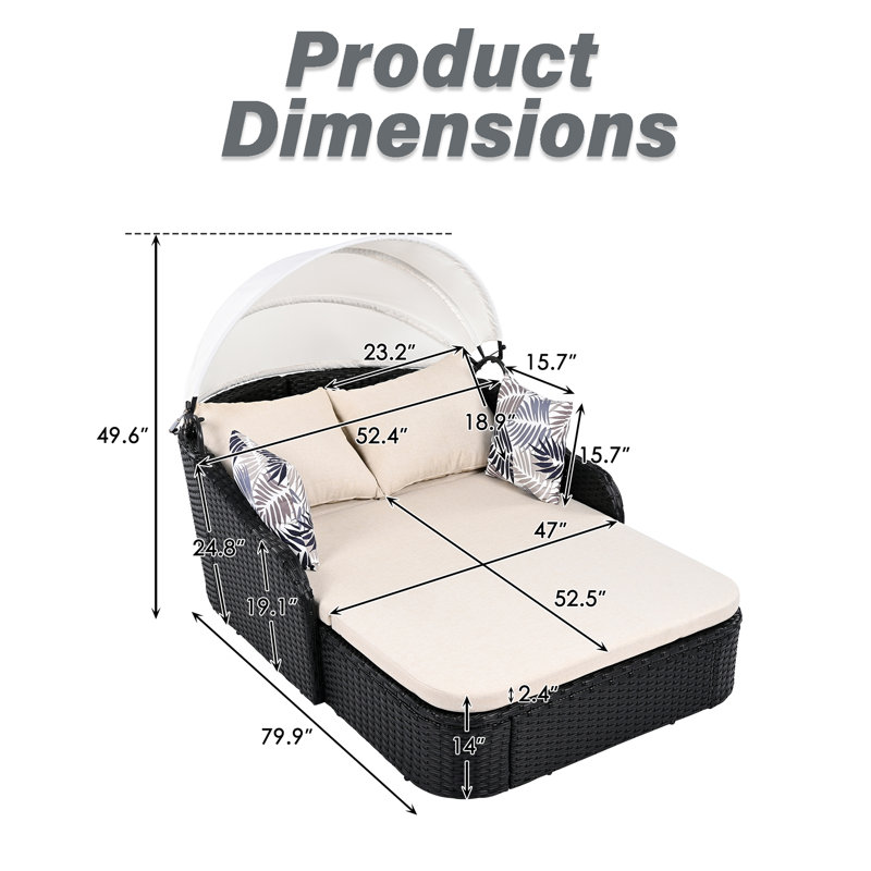 79.9" Outdoor Sunbed With Adjustable Canopy, Beige, Black
