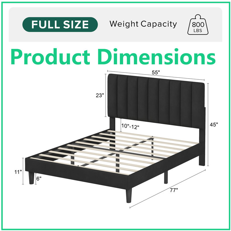 Base de lit tapissier pleine grandeur avec tête de lit ajustable - Velours doux, capacité de 800 lb, sans bruit, pieds de 12 po de hauteur, noir