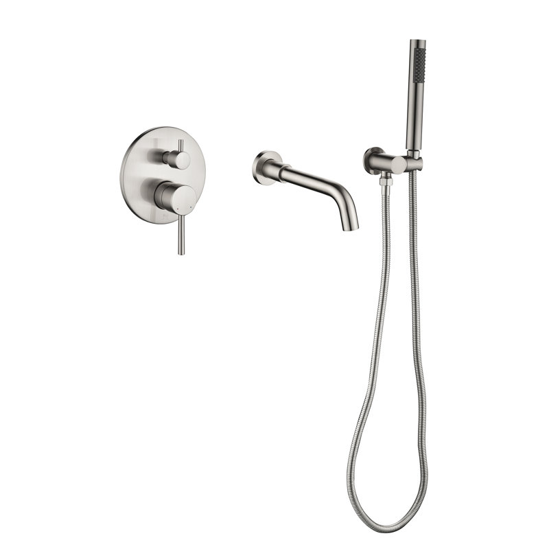 7.3" Solid Brass Single Handle Wall Mounted Roman Tub Faucet with Handheld Shower, Brushed Nickel