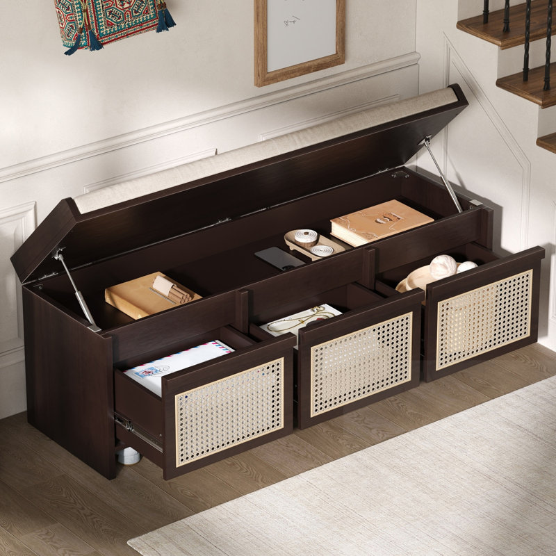 Banc de rangement rembourré avec tiroirs et coussin amovible, Espresso