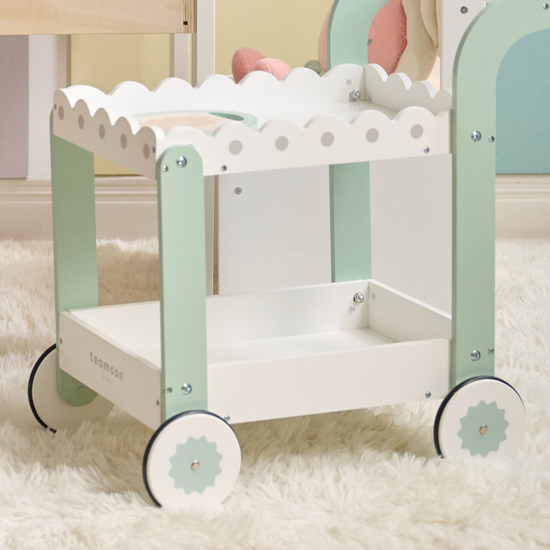 Teamson Kids Afternoon Sip Wood Dessert Cart With 21 Pieces & Rotatable Wheels