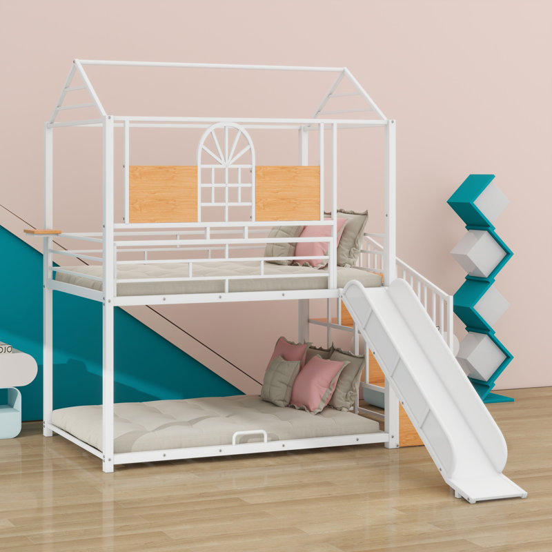 Lit superposé en métal, lit de maison en métal avec glissade et escalier de rangement, Blanc