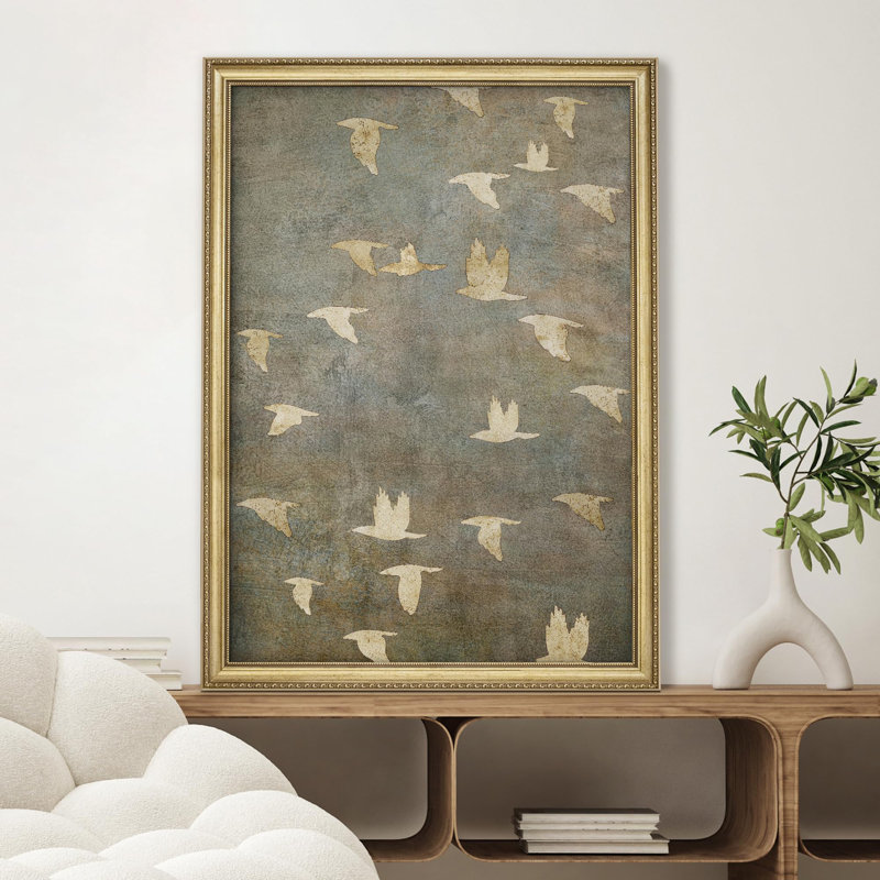 "Oiseaux dorés en vol, impressionisme, décoration murale encadrée dorée", Pas de tapis