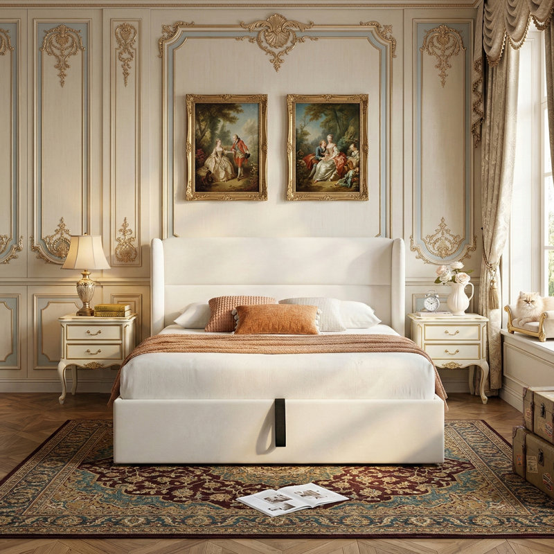 Lit plateforme tapissier avec rangement Gaillarde, Grand, Crème