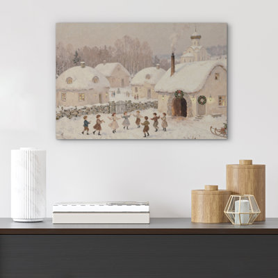 Winter Whimsical Snowy Village with Children Dancing Christmas Scene Print Pictures Frame Canvas Print Wall Art