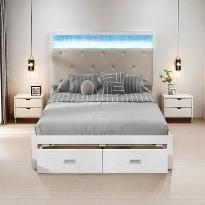 Wood Queen Size Platform Bed With Upholstered Headboard And LED And 2 Drawers, Antique White -  Ivy Bronx, A4C51EF2A16E464BA058E3C70B8CA749