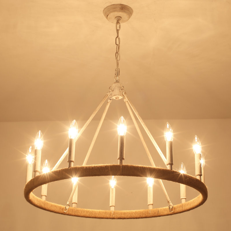 Hendon 12 - Light Dimmable Kitchen Island Wagon Wheel Chandelier, Antique Distressed White, 12 - Lights