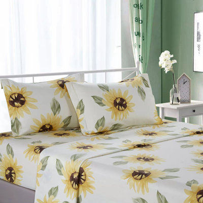 Mia Sunflower 100% Cotton Floral Sheet Set With Pillowcases