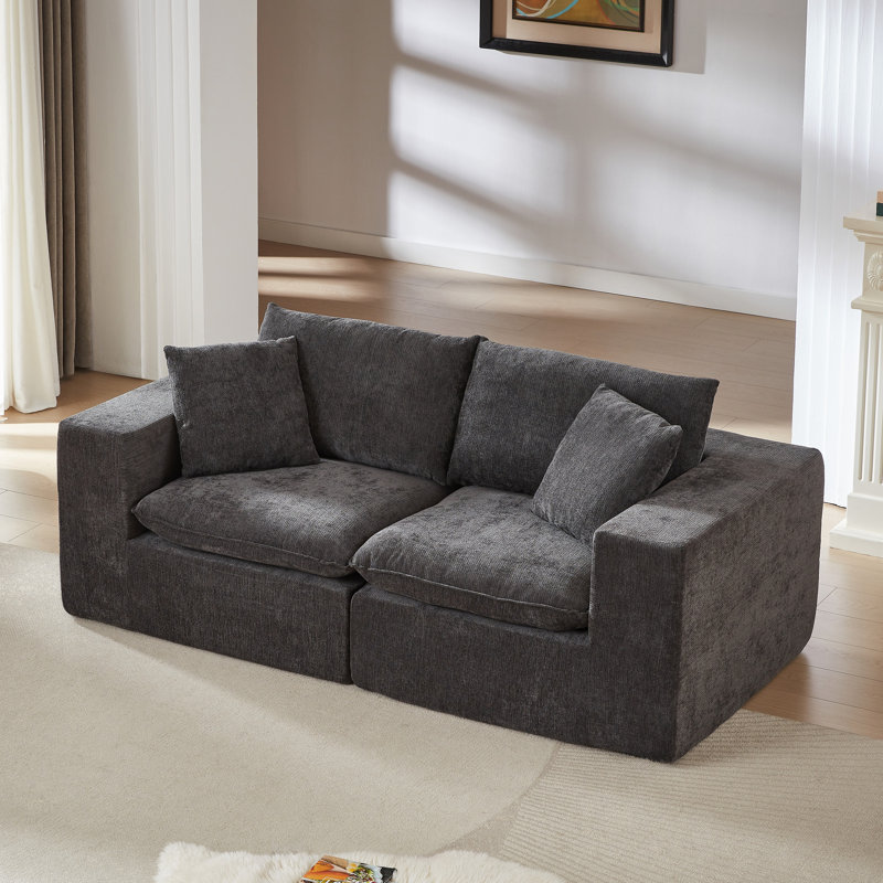 Pouf nuage en chenille moderne pour espaces de vie, 2 places, gris foncé, forme douce et moelleuse, rembourrage en mousse haute densité, profondeur 80,13 cm, housse de siège incluse.