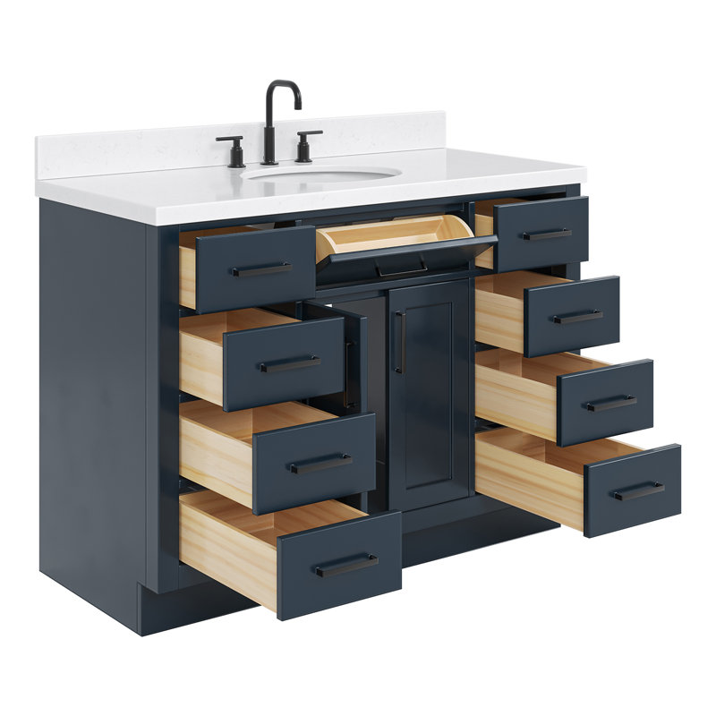 Tidworth 48'' Solid Wood Single Bathroom Vanity with 1.5'' Carrara Quartz Top Sink, Midnight Blue, Oval