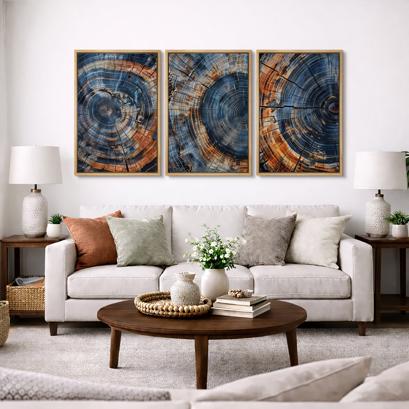 Anneau d'arbre «Œuvre de souche en bois brun marine foncé, photos de cabane de ferme rustique rétro, art mural impression numérique sur toile 3 pièces»  