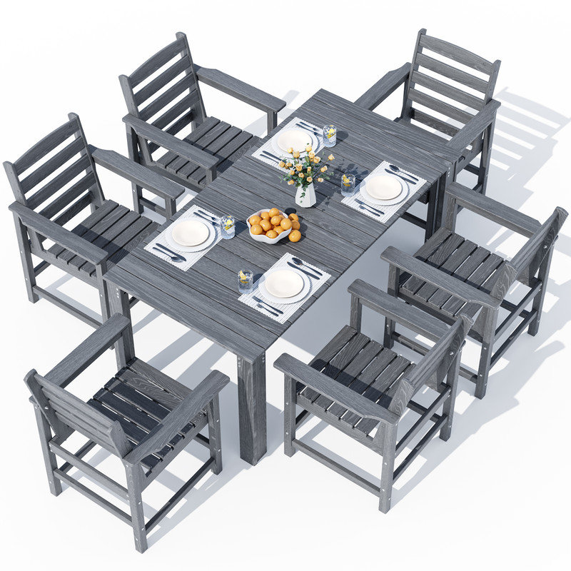 Gray 7-Piece HDPE Plastic Patio Outdoor Dining Set with Arm Chairs