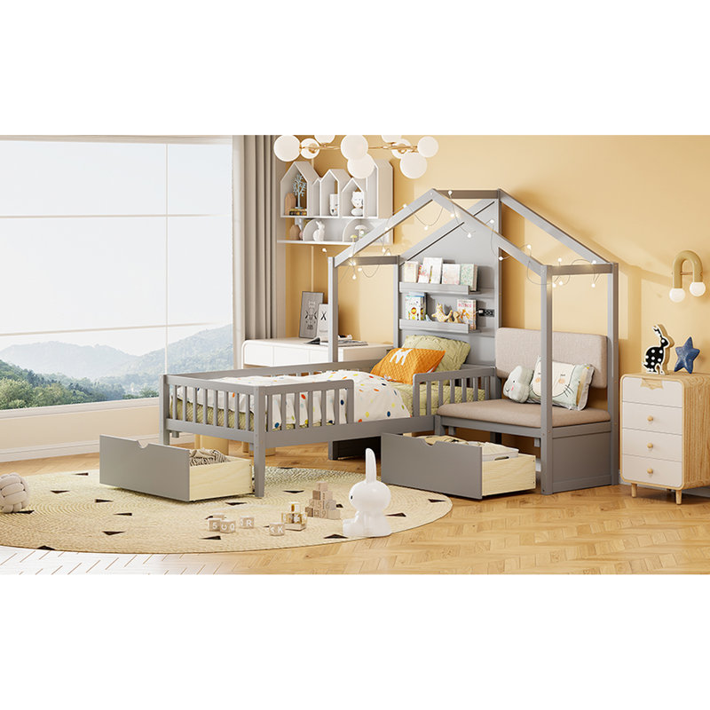 Gray Twin House Bed With Upholstered , Wireless Charging Station Superior Features, And Ample Storage Shelves Drawers Modern Station, Practical For Organizing
