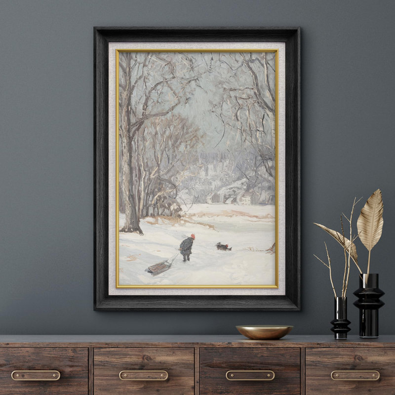 Paysage de traîneau d'hiver, impression sur papier, Cadre noir, Pas de tapis
