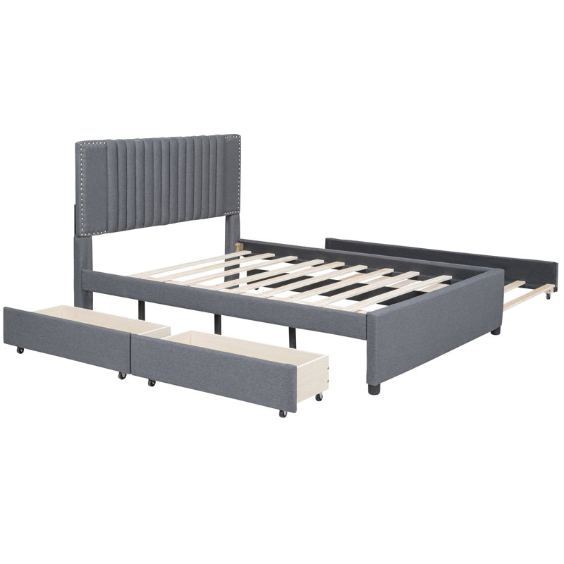 Lit plateforme double tapissier gris avec 2 tiroirs et lit gigogne, tête de lit classique et contreplaqué, fonction d'organisation de la chambre à coucher, configuration des tiroirs facile à assembler