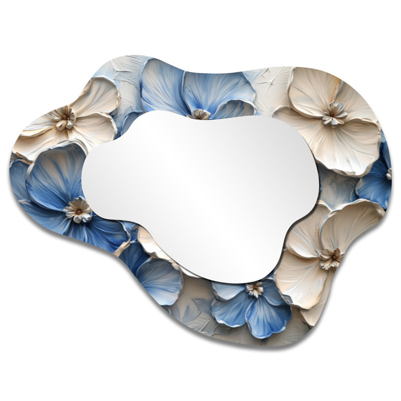 Velours crème bleu Rhododendron Path I - miroir décoratif asymétrique rhododendron, miroir mural traditionnel irrégulier, imprimé sur métal